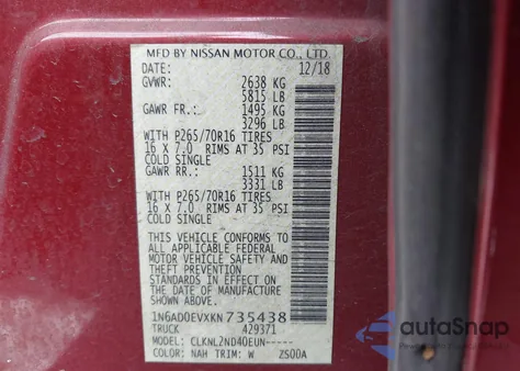 2019 Nissan Frontier Sv z USA, uszkodzony, nr VIN 1N6AD0EVXKN735438